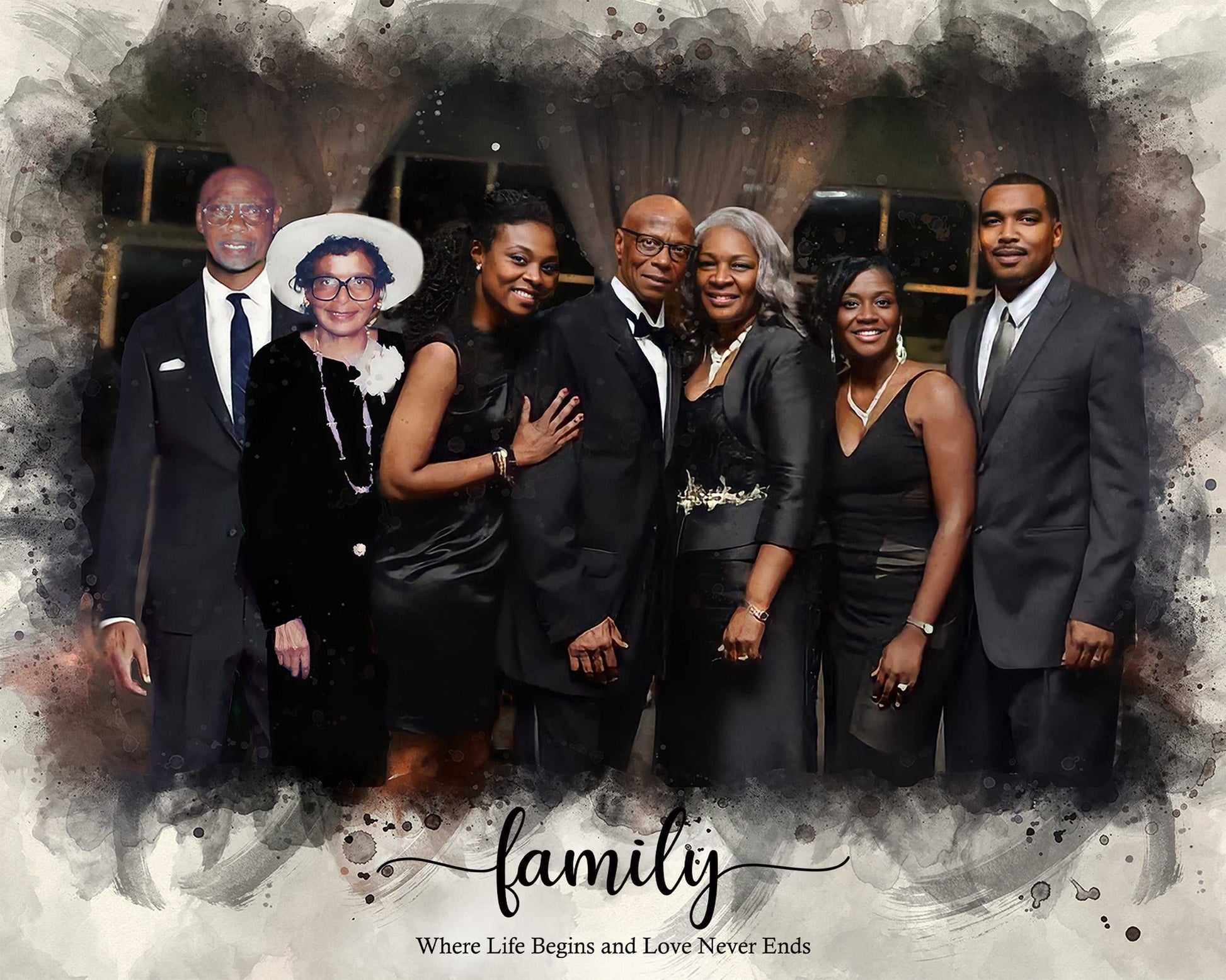 An elegant wedding art portrayal of a family dressed in formal attire, standing together and smiling, with a soft, watercolor-like border effect.