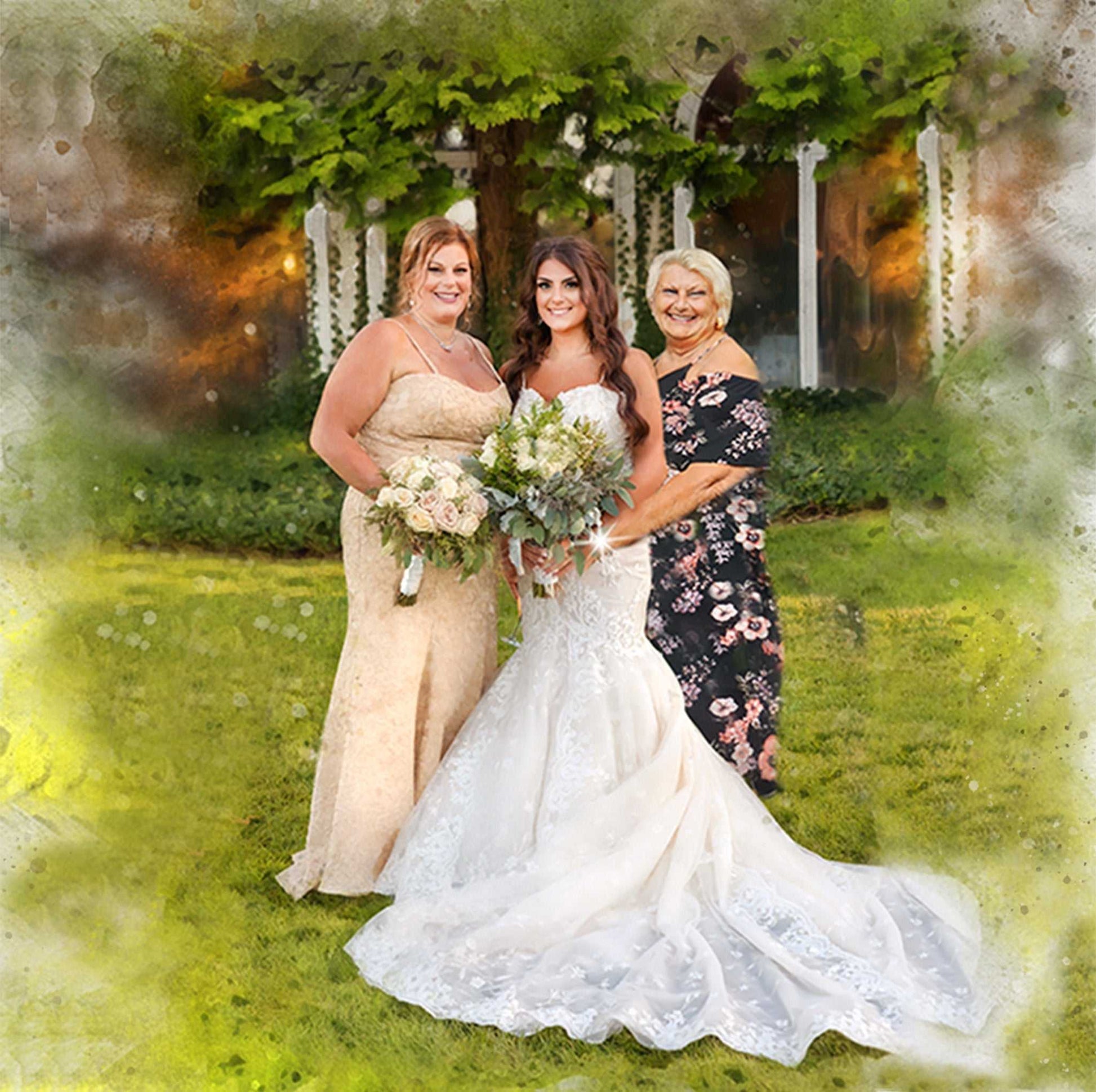A radiant wedding art portrait featuring a bride in a lace gown holding a bouquet, flanked by two smiling women in formal dresses, standing on a green lawn with trees and a building in the background.