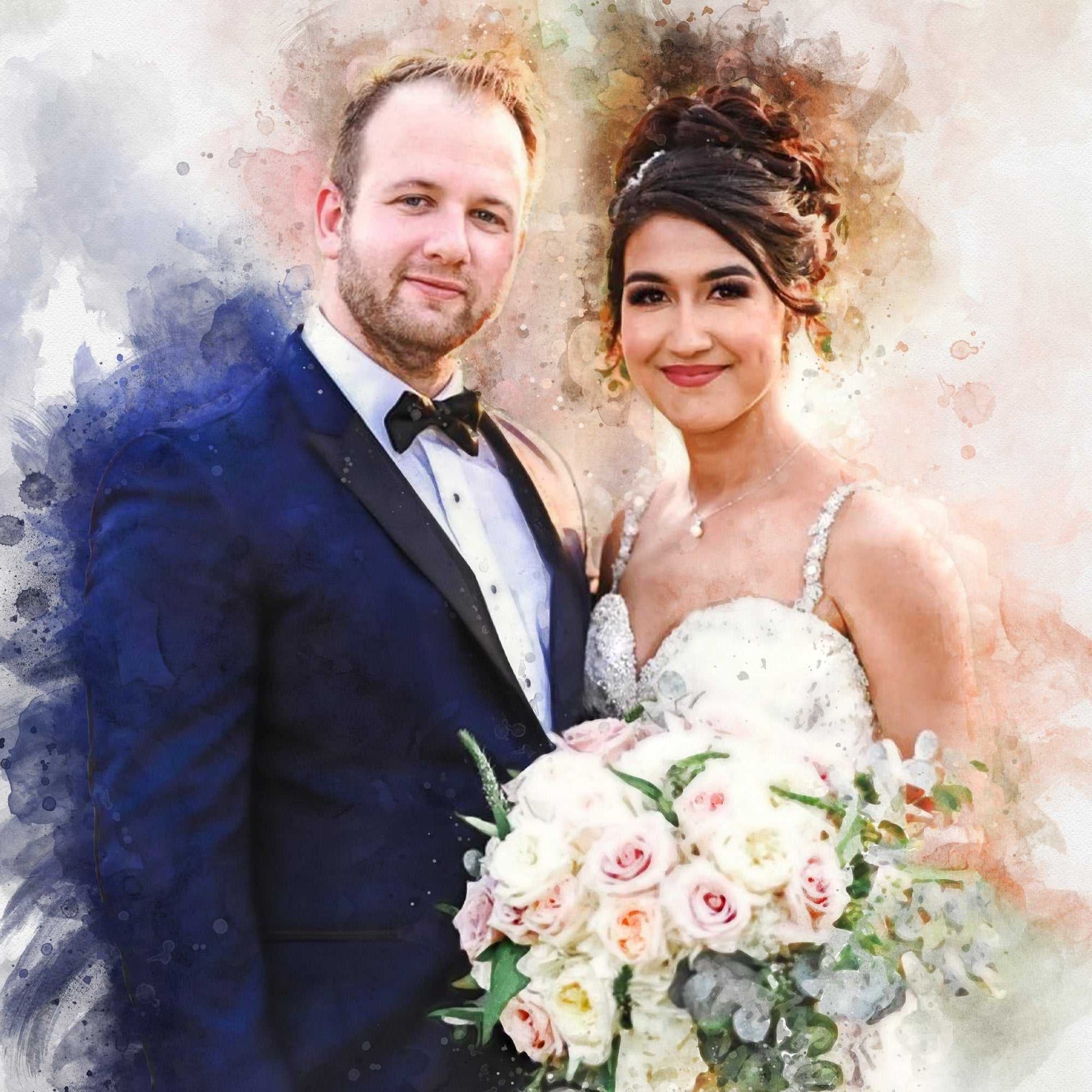 A stunning wedding art portrait of a smiling bride holding a bouquet of pink and white roses, standing beside her groom, who is wearing a navy blue tuxedo and bow tie.