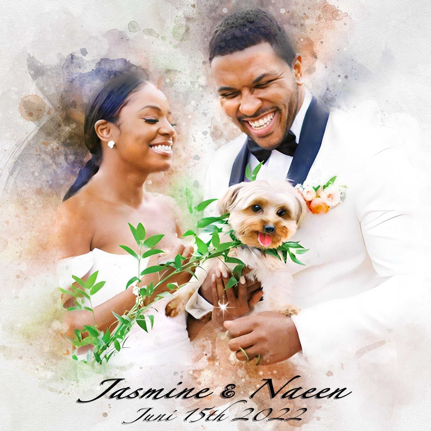 A joyous wedding art portrait showing an African American bride and groom smiling and looking at a small dog held by the groom, which has greenery around its neck.