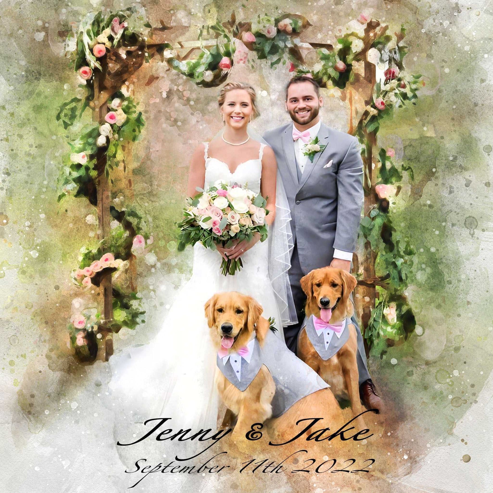 A vibrant wedding art depiction of a bride and groom smiling under a floral arch, with two Golden Retrievers in matching grey and pink bow tie tuxedos in the foreground.