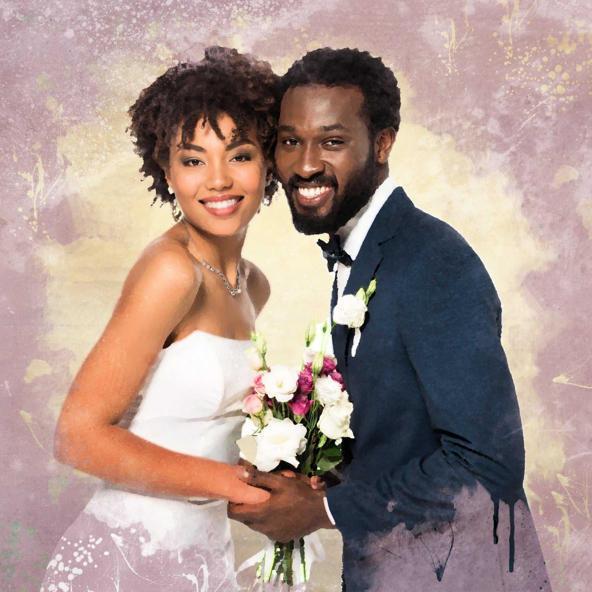 A beautiful wedding art portrait of a smiling African American bride and groom holding a bouquet of white and pink flowers, standing close together against a softly textured background.