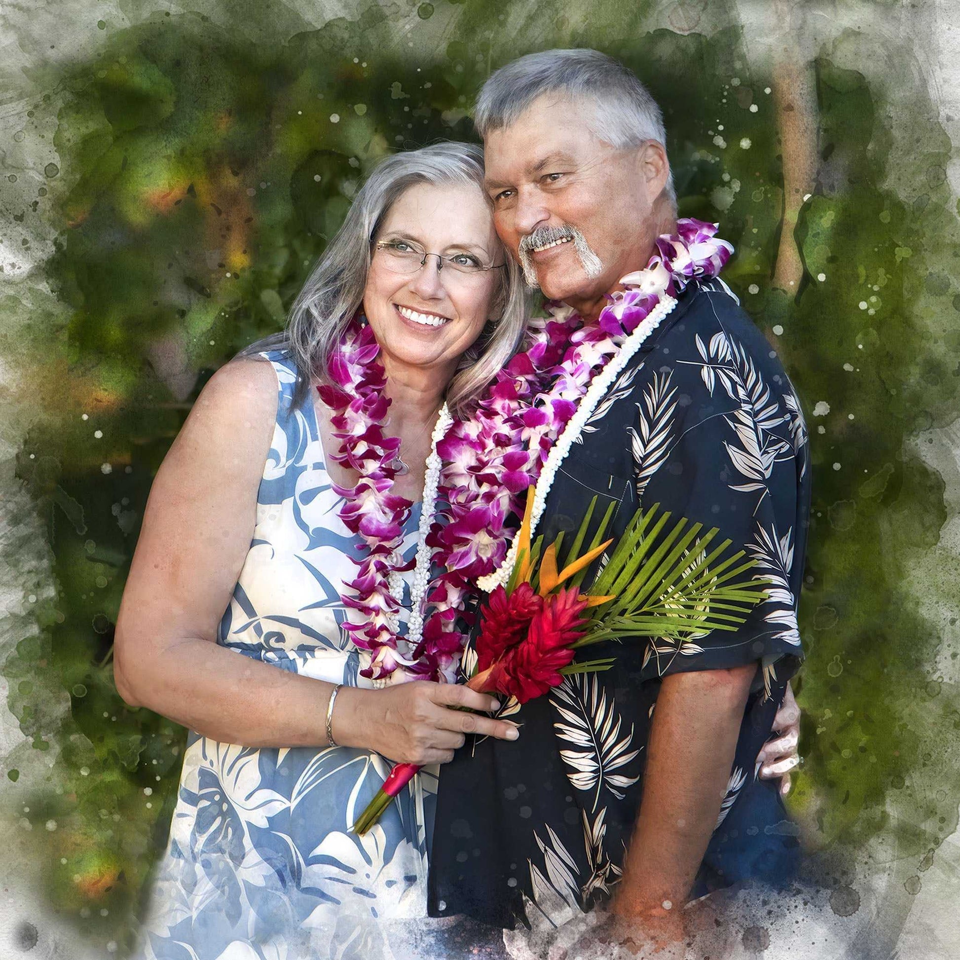 This wedding art portrait features a smiling couple, adorned with purple leis and holding tropical flowers, as they embrace against a lush green background.