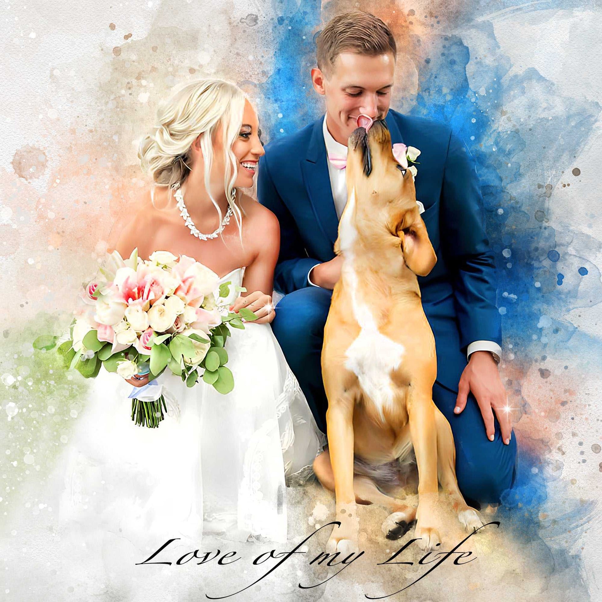A cheerful wedding art portrait showing a bride and groom interacting with their dog, who is licking the groom's face, against a soft, watercolor-like background.