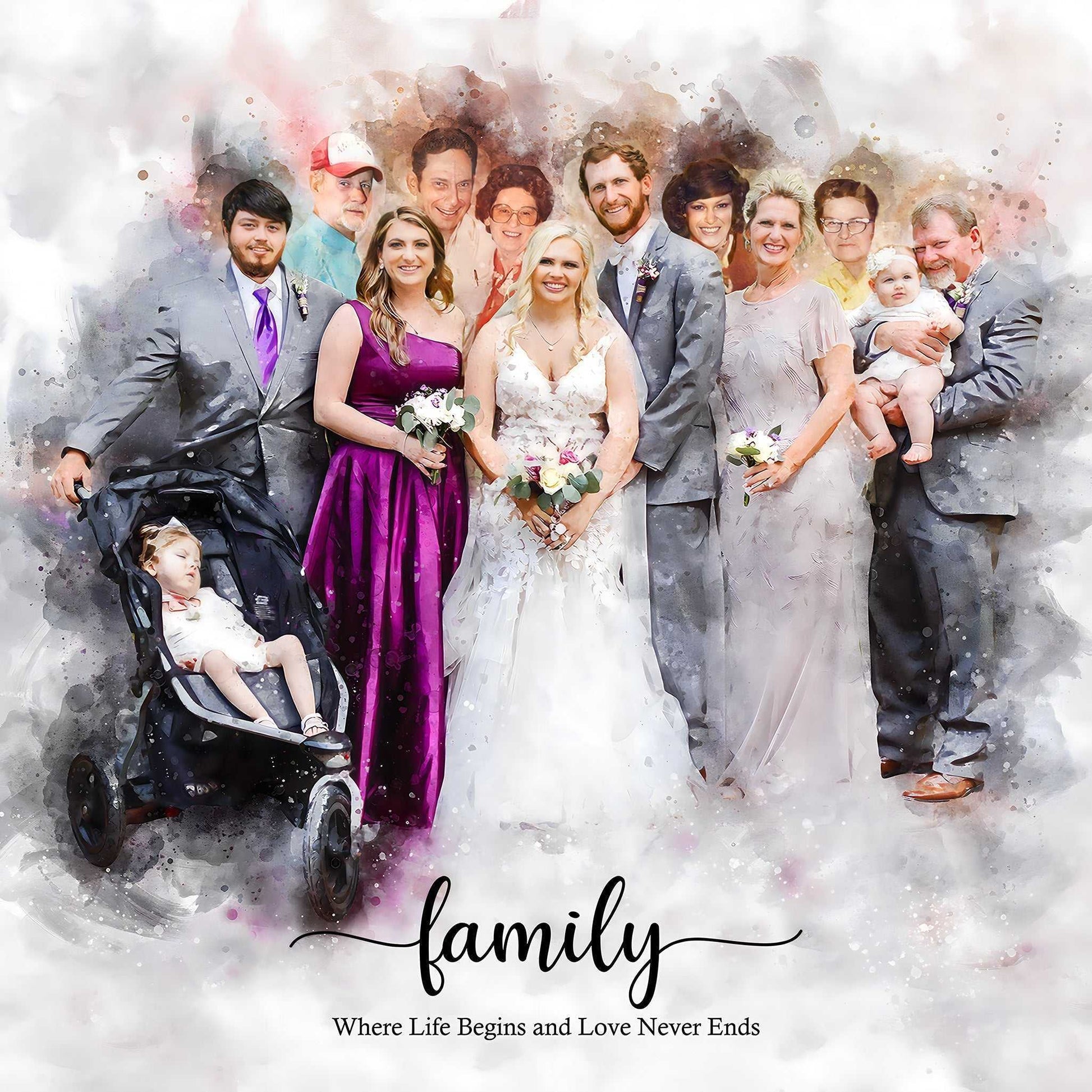 A lively wedding art group portrait capturing a bridal party and family members, including a baby held by a man and a toddler in a stroller, all smiling warmly.