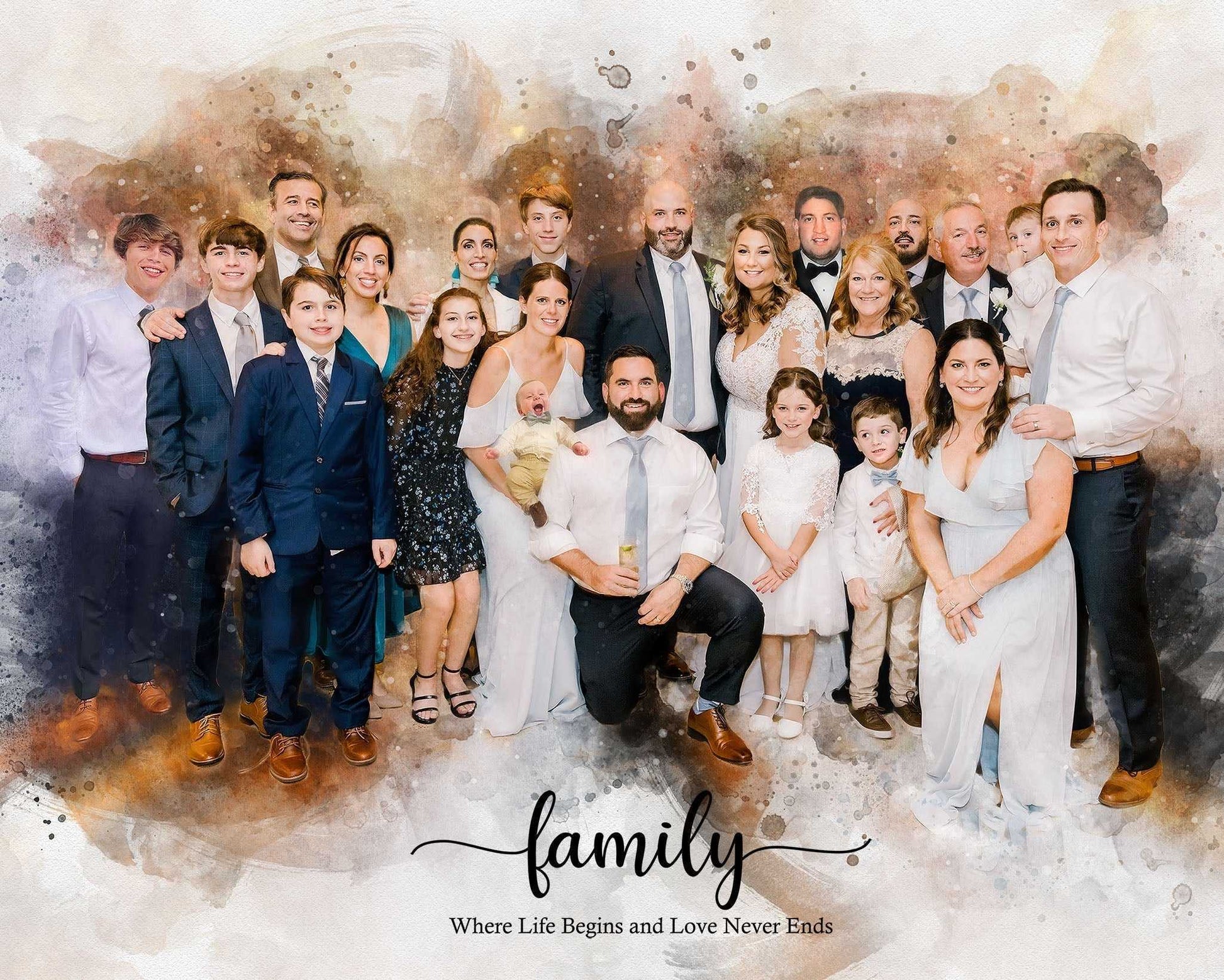 A watercolor-style wedding art portrait of a large multi-generational family, including a bride and groom, gathered together, smiling at the camera.