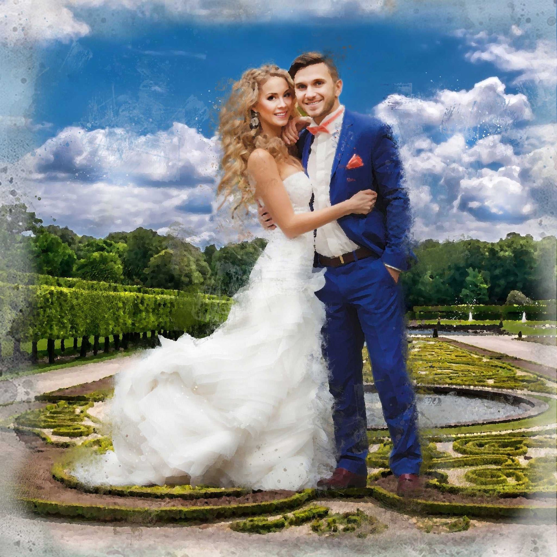 A beautiful wedding art landscape featuring a bride in a flowing white gown and a groom in a blue suit embracing in a formal garden with topiary hedges and a cloudy blue sky.
