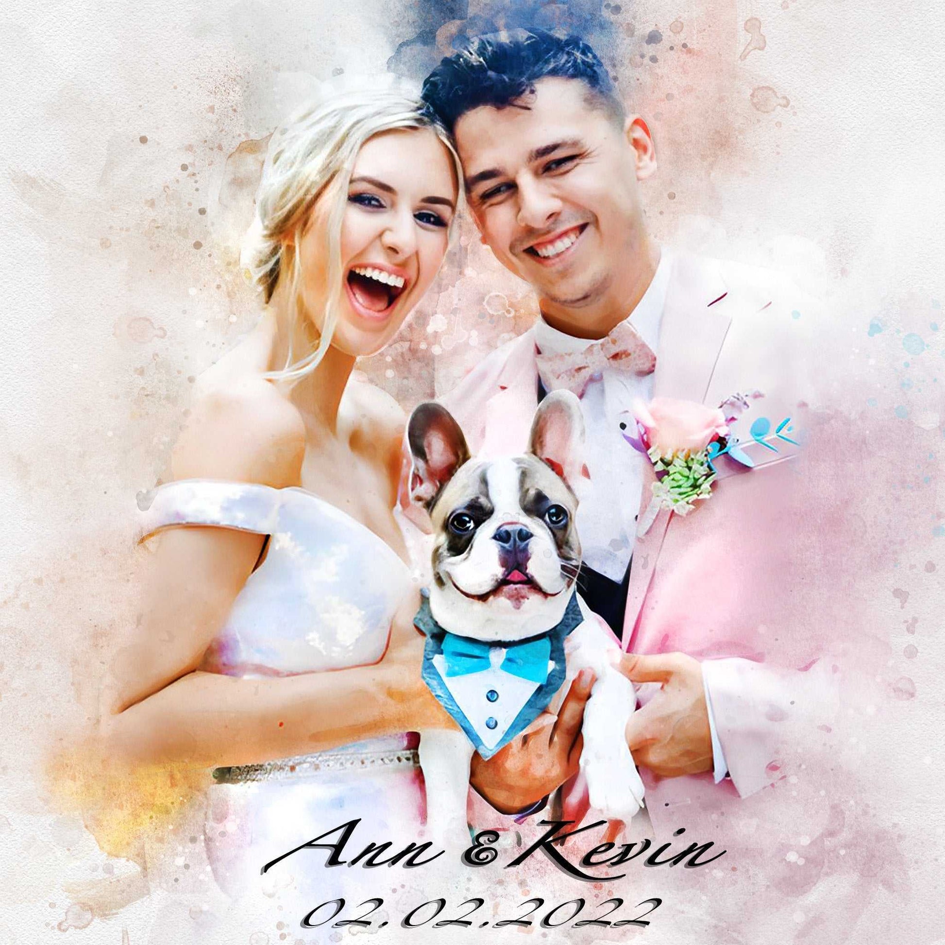 A delightful wedding art portrait featuring a joyful bride and groom holding a French Bulldog, dressed in a blue tuxedo bandana, all smiling brightly.