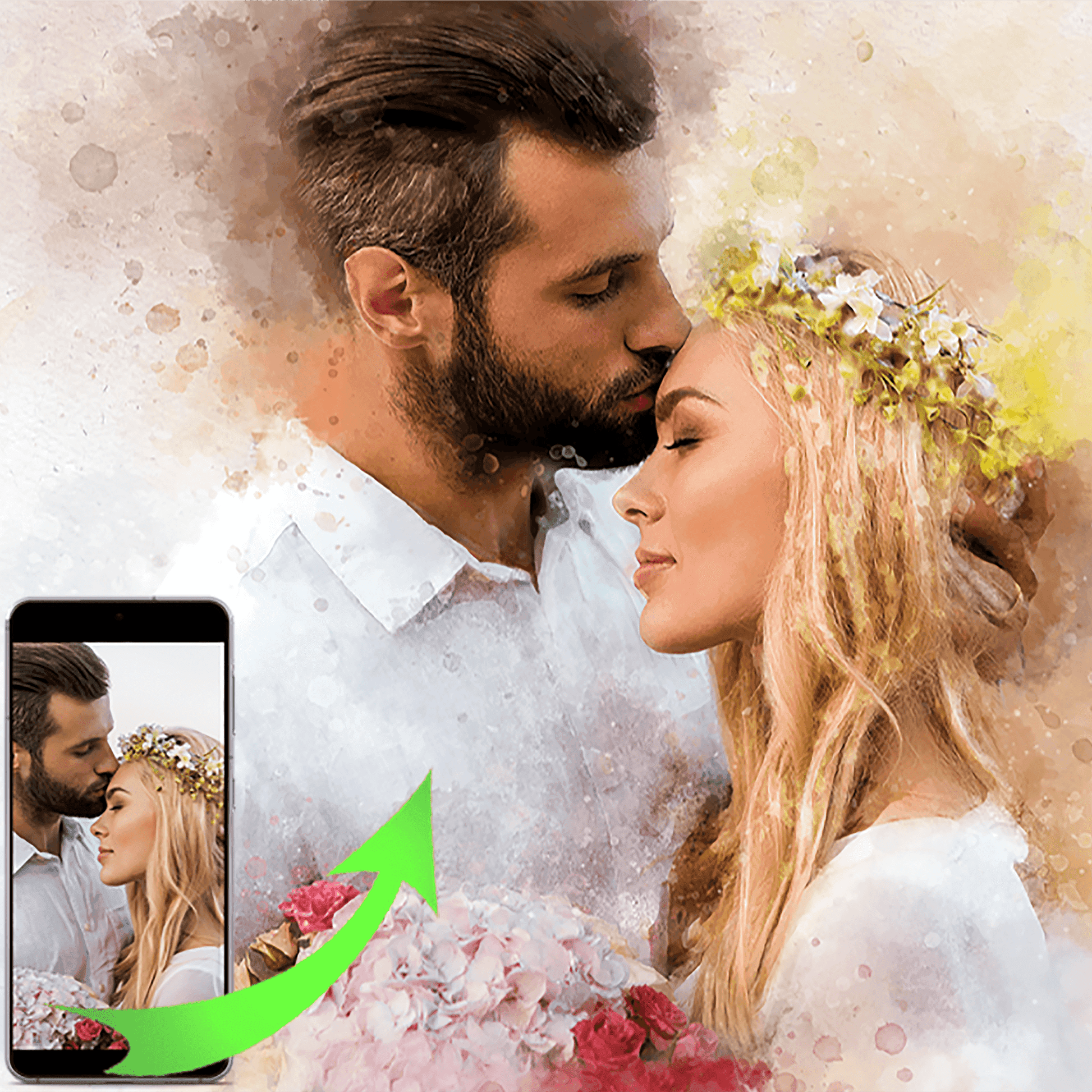 A close-up wedding art depiction of a man kissing a woman's forehead, with the original photo on a phone screen and a green arrow pointing from it to the larger artwork, illustrating the transformation.