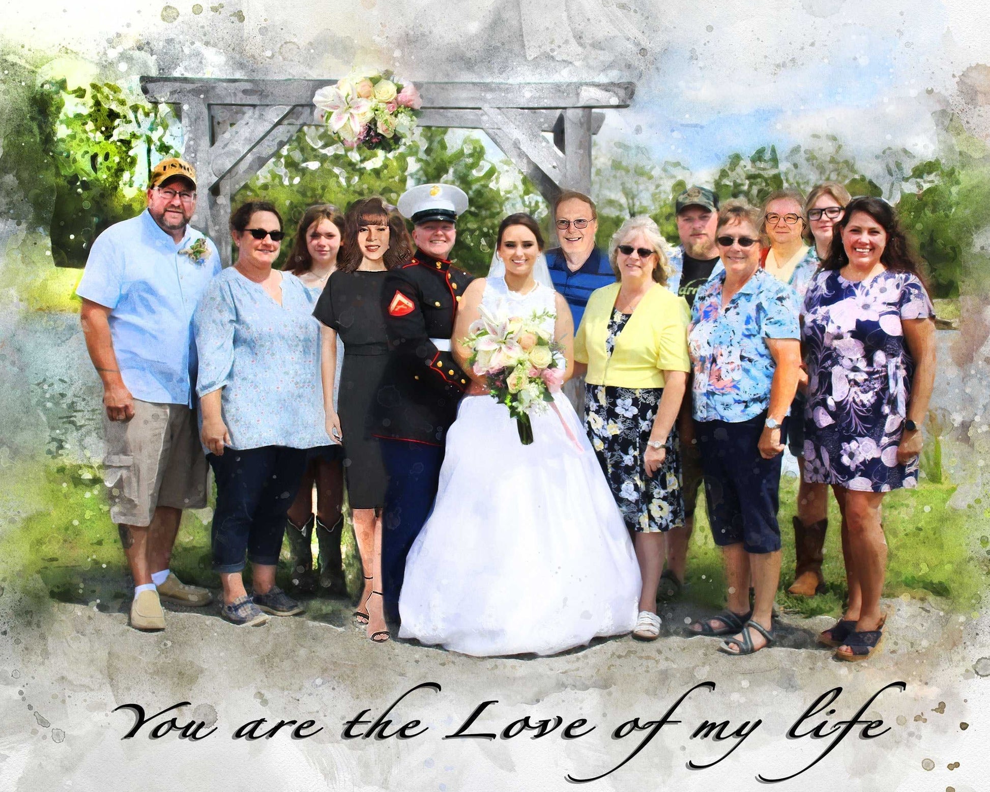 A group wedding art portrait featuring a bride and a man in a military uniform, surrounded by family and friends, standing under a rustic arch outdoors.