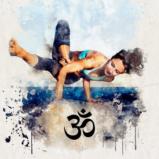 Yoga artwork of a woman performing a yoga pose with an Om symbol, showcasing movement and spirituality.