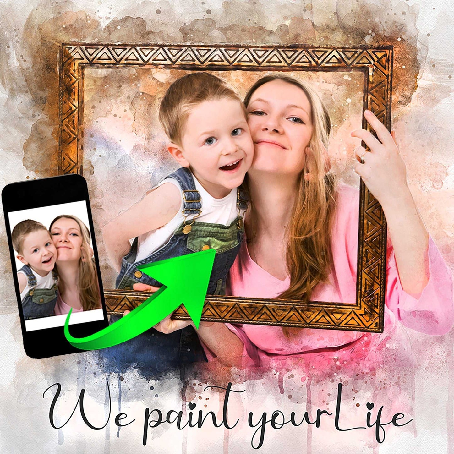 Personalized portrait creation service, showcasing a mother and child with a painted frame and smartphone photo.