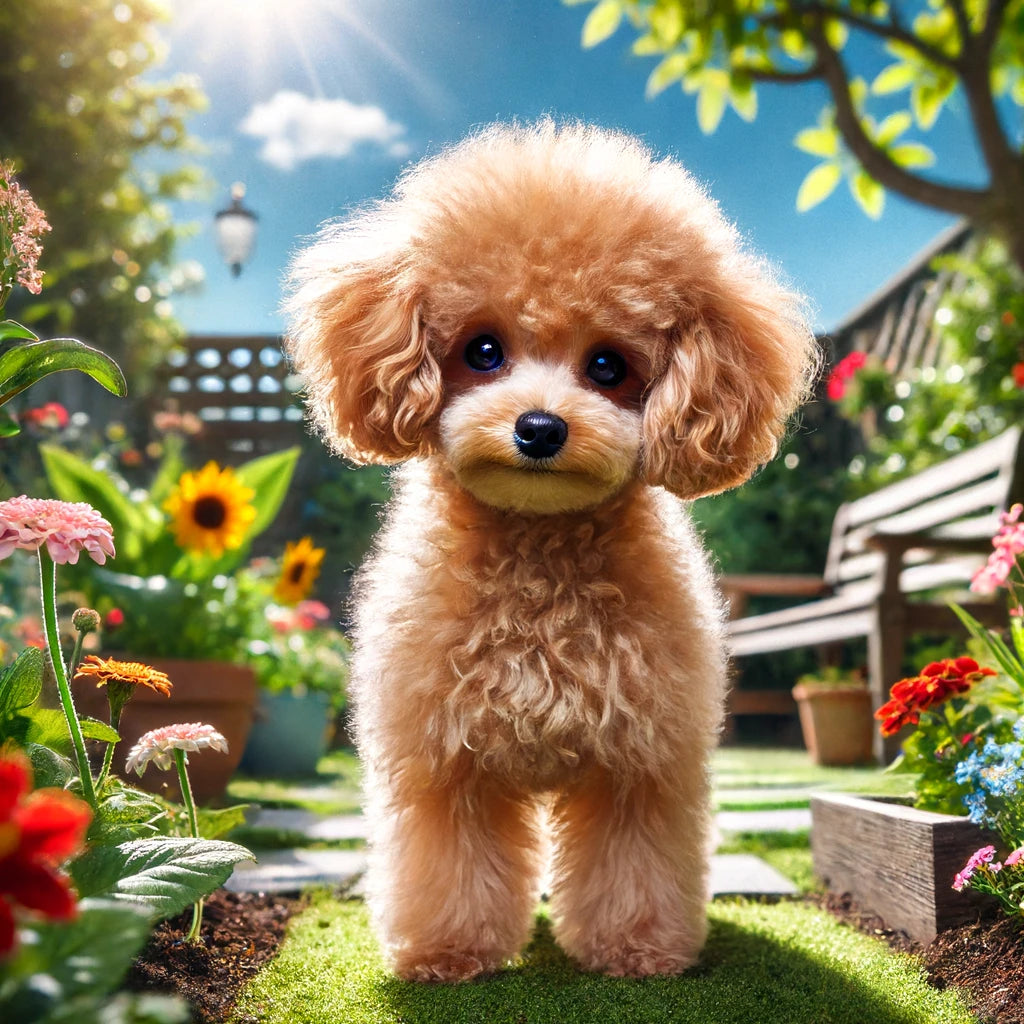 Toy Poodle standing in a garden with lots of flowers