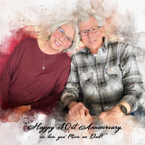 Older couple in restaurant, heads together, smiling and enjoying their wedding anniversary, by FromPicToArt