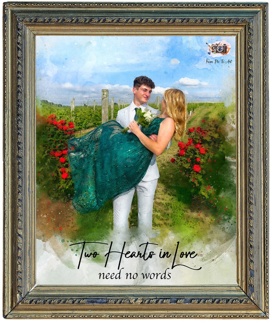 Custom portrait by FromPicToArt of a couple in a vineyard with text 'Two Hearts in Love need no words', ideal as a 7 Year Anniversary Gift.