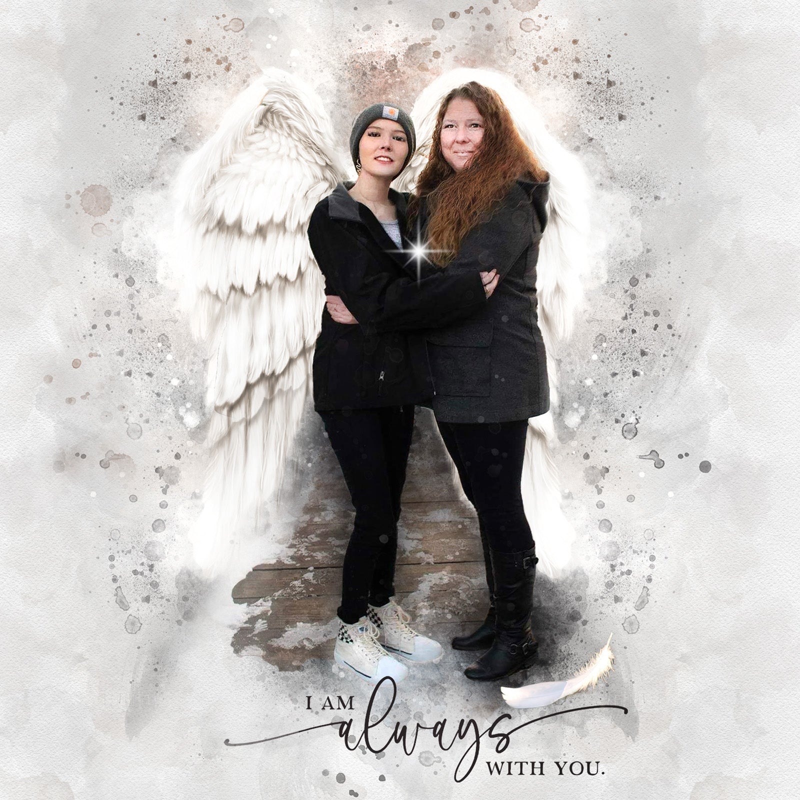 Two people hugging with angel wings and text overlay.