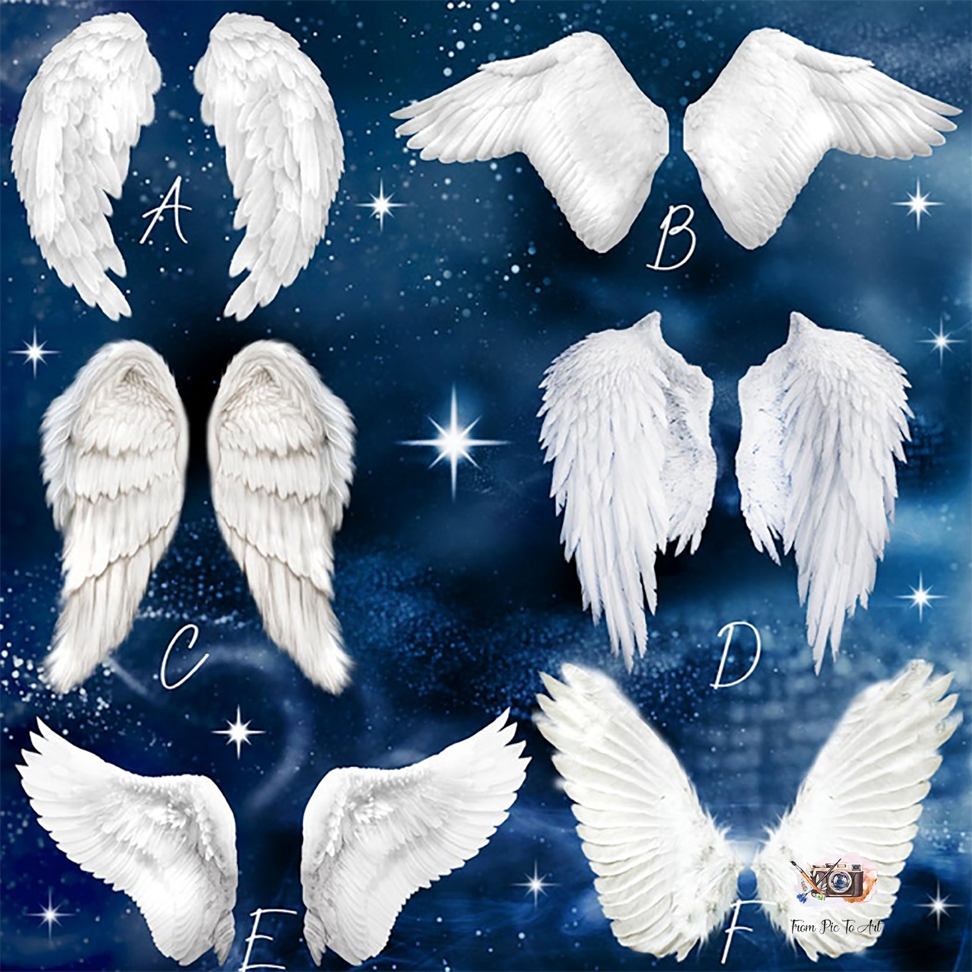 Different white angel wings on a starry blue background.