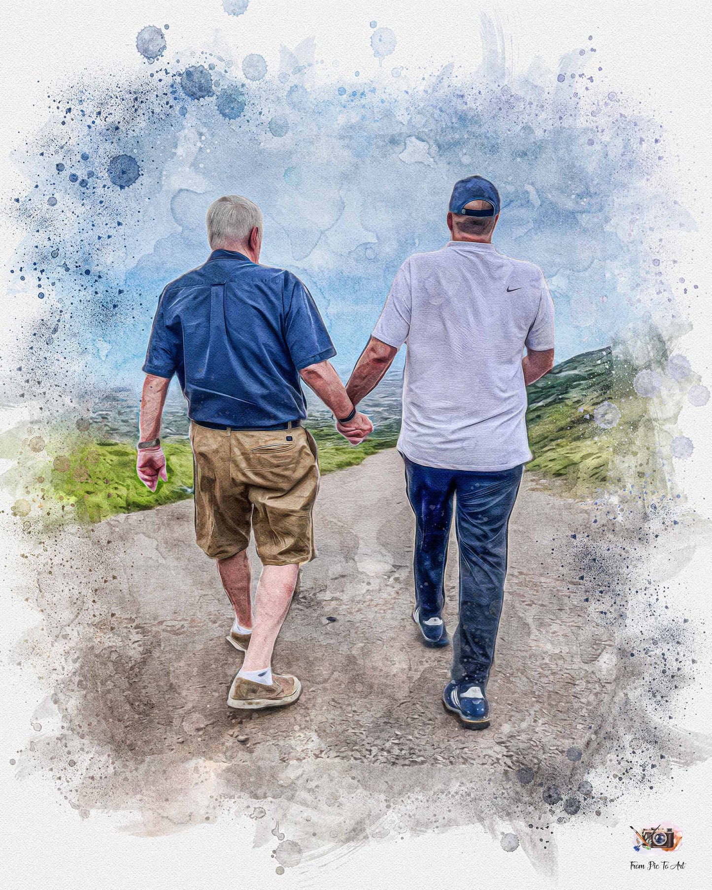 Personalized back view painting of two men holding hands, walking on a path with a blue sky background. Commissioned relationship art.