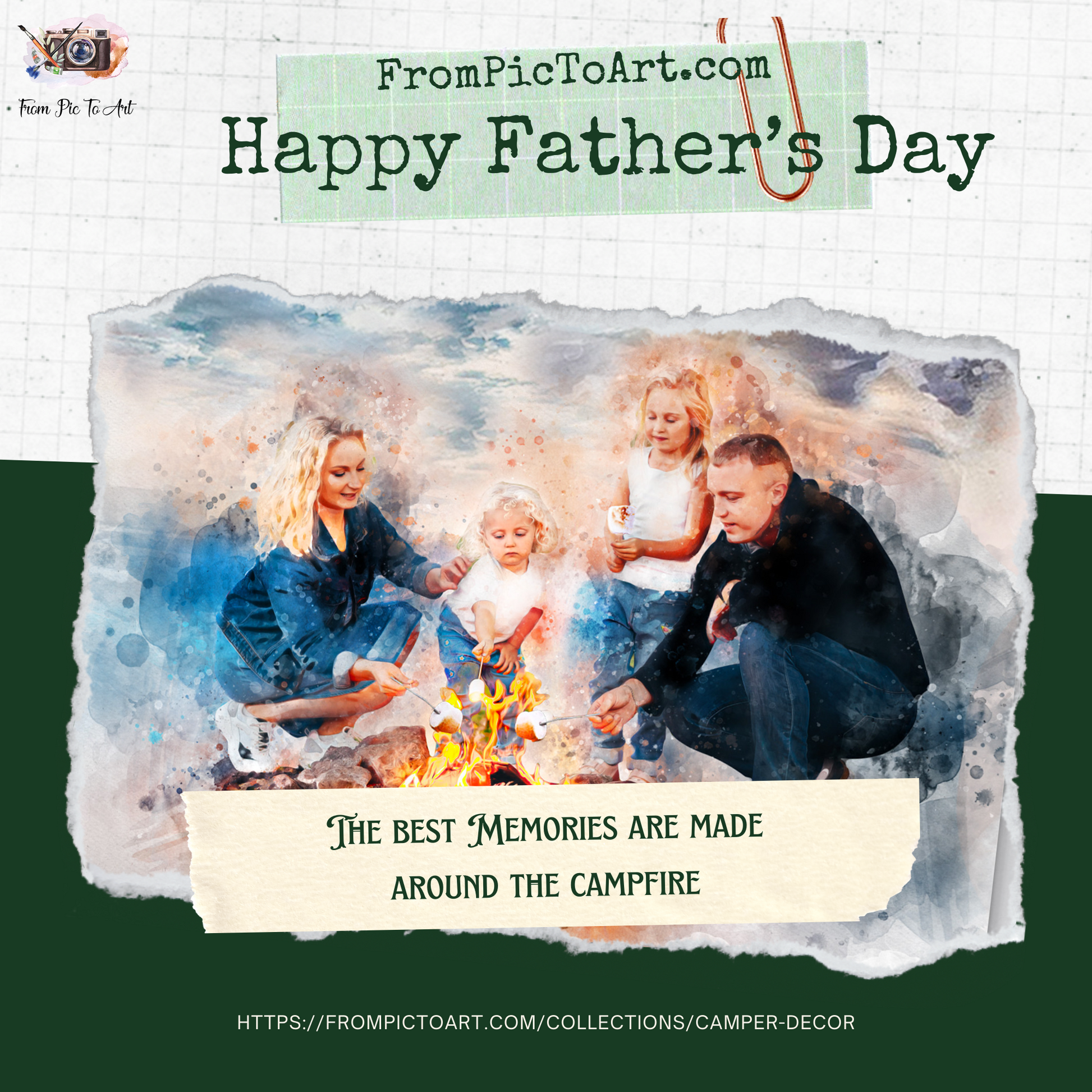 Happy Father's Day Gift with a family around a campfire Portrait, featuring 'FromPicTo Art' branding.