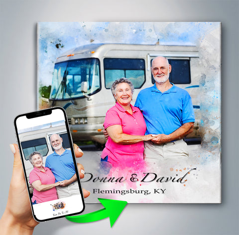 Custom camping gift for RV lovers featuring a loving couple in front of their motorhome, personalized portrait artwork by FromPicToArt, ideal for RV enthusiasts and happy campers