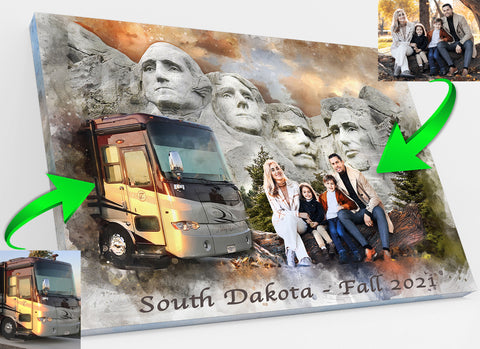Camping portrait with RV and family, featuring Mount Rushmore as the background, created by FromPicToArt.