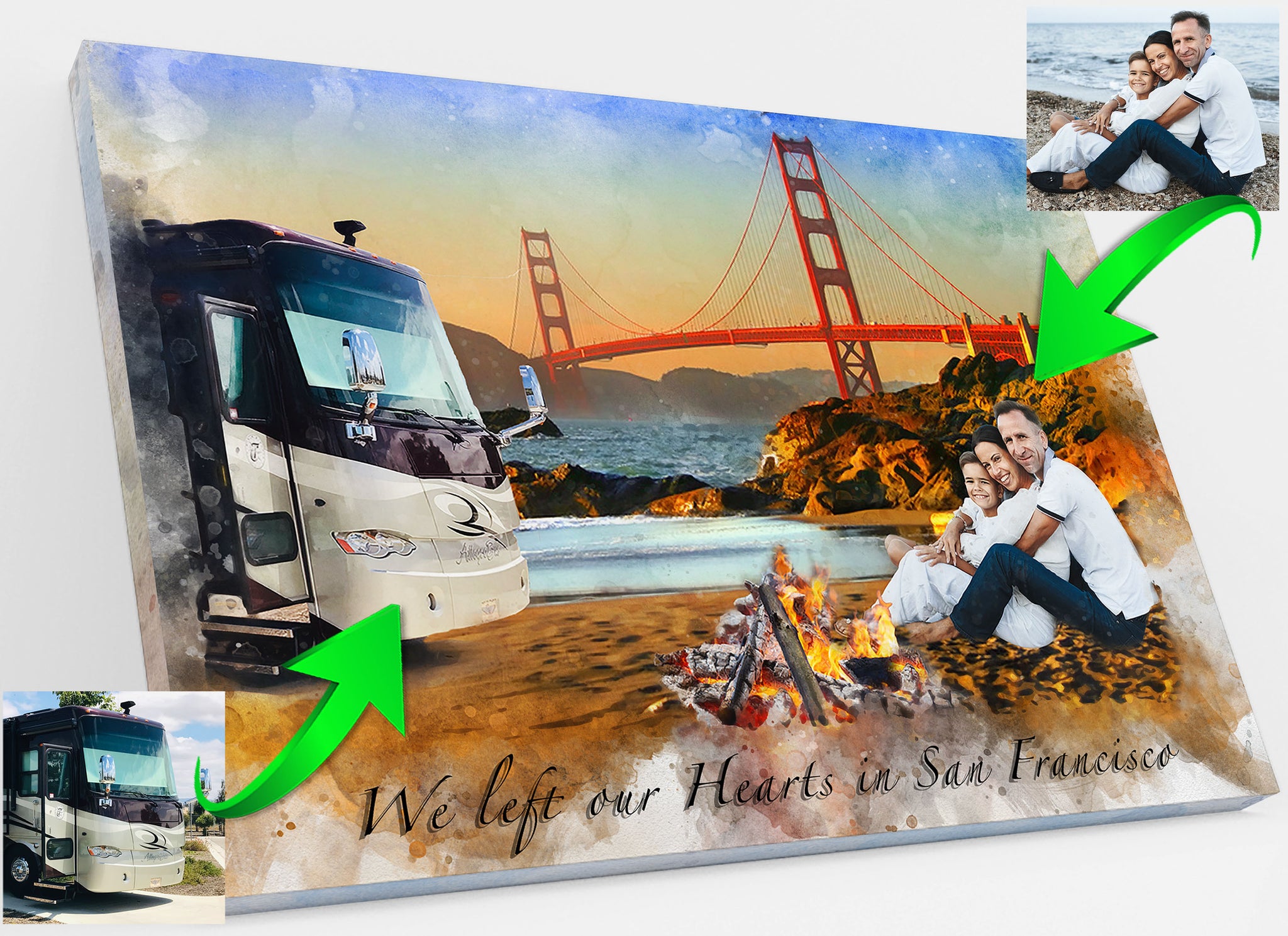 Custom camping portrait with a couple and son by a campfire, RV, and Golden Gate Bridge. Includes 'We Left Our Hearts in San Francisco' text. by FromPicToArt