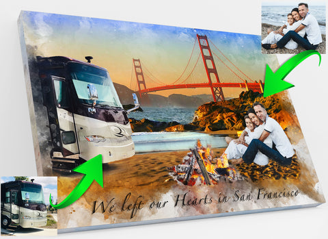 Custom camping portrait with a couple and son by a campfire, RV, and Golden Gate Bridge. Includes 'We Left Our Hearts in San Francisco' text. by FromPicToArt