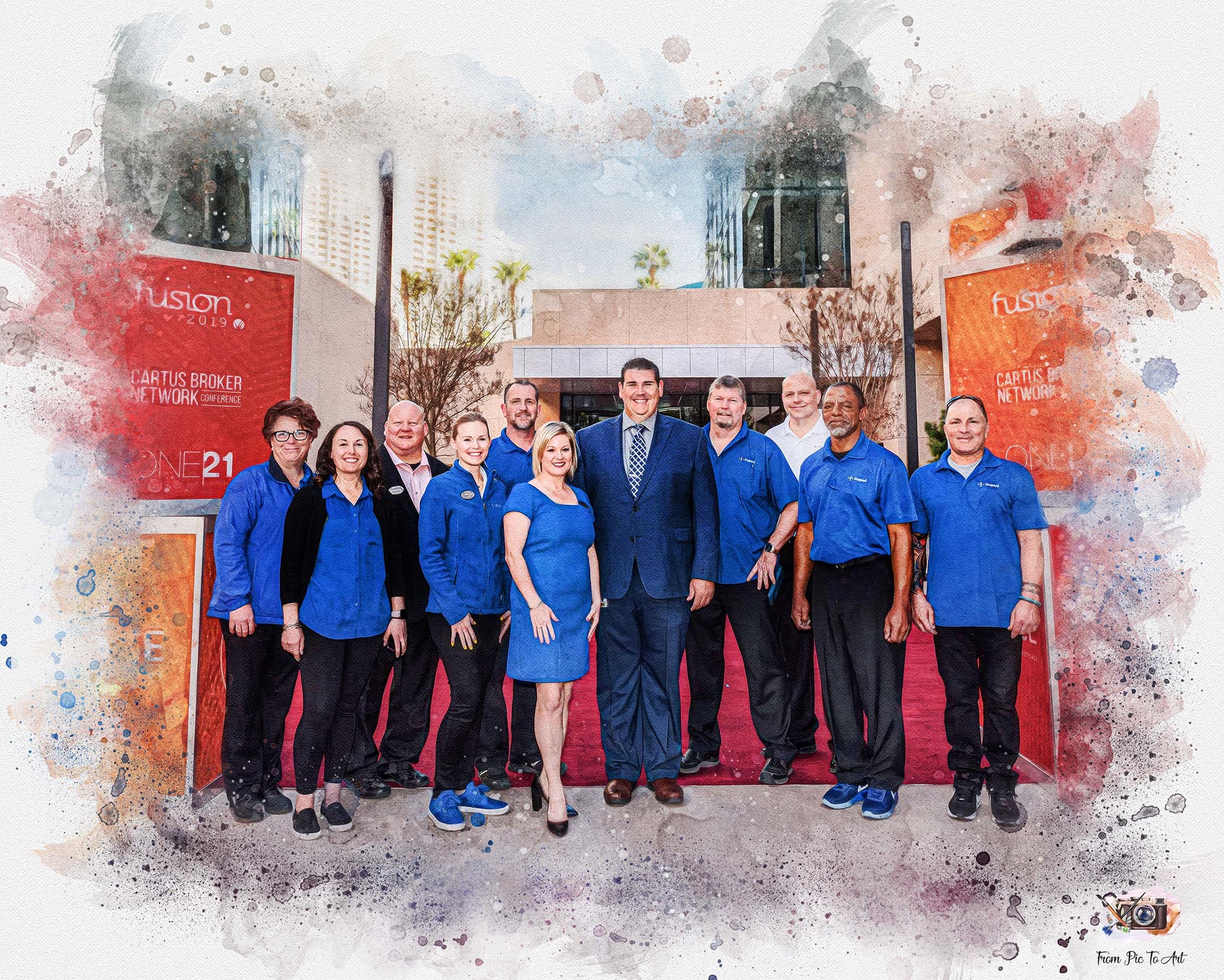 Custom corporate team canvas painting, professional group portrait of office staff in blue shirts and one woman in a blue dress, ideal business gift for employees or office teams, by FromPicToArt