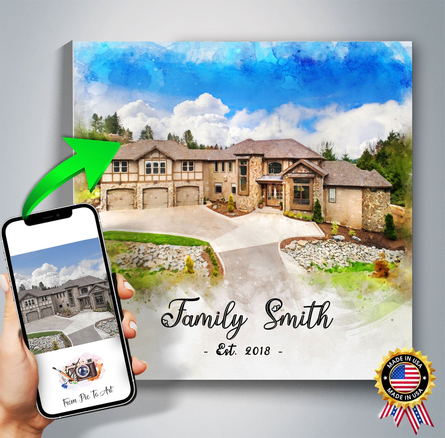 A "Realtor Closing Gifts" example: a watercolor-style house portrait of a large modern home with a circular driveway. A hand holds a phone showing the original photo, linked by a green arrow. "Family Smith - Est. 2018 -" is written below.