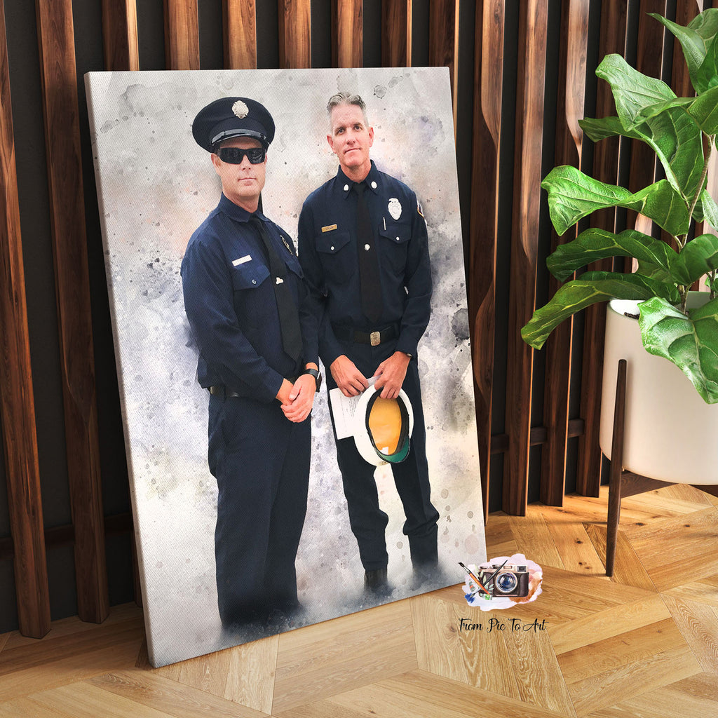 Custom-made firefighter painting featuring two firemen, personalized artwork by FromPicToArt. 