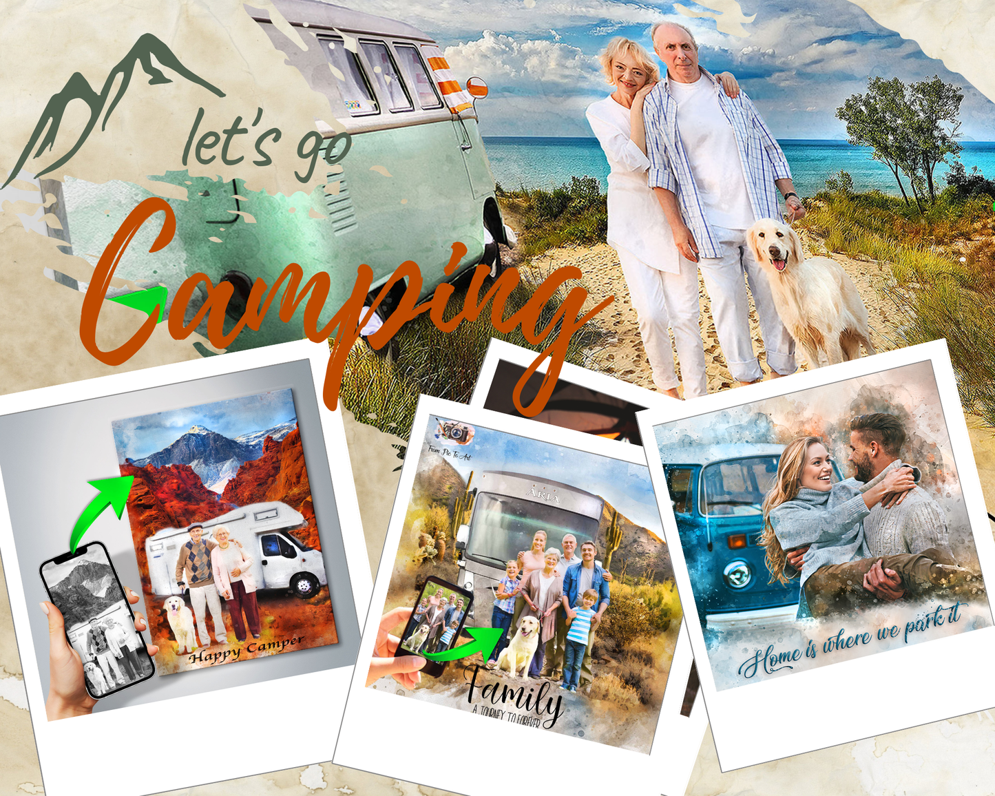 Collage of camping-themed images with text and family photos.