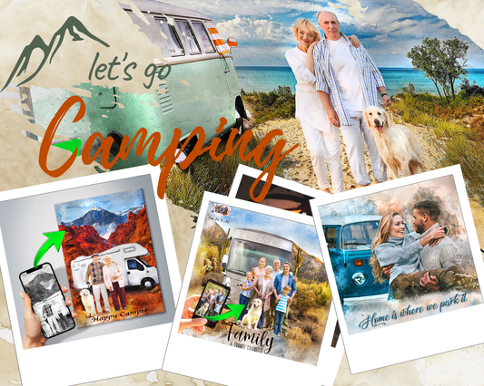 Collage of camping-themed images with text and family photos.