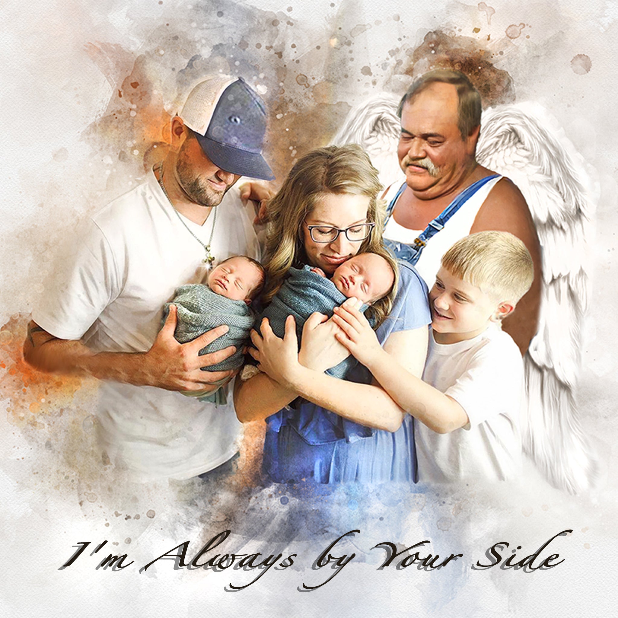 Custom family painting from various photos honoring a lost family member, featuring angel wings as personalized memorial art by FromPicToArt