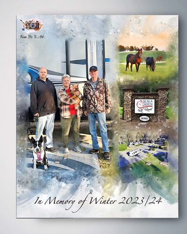 Personalized family painting showcasing a family in front of their RV at Ocala North RV Resort, accompanied by a dog and cat,  with a horse running nearby, By FromPicToArt