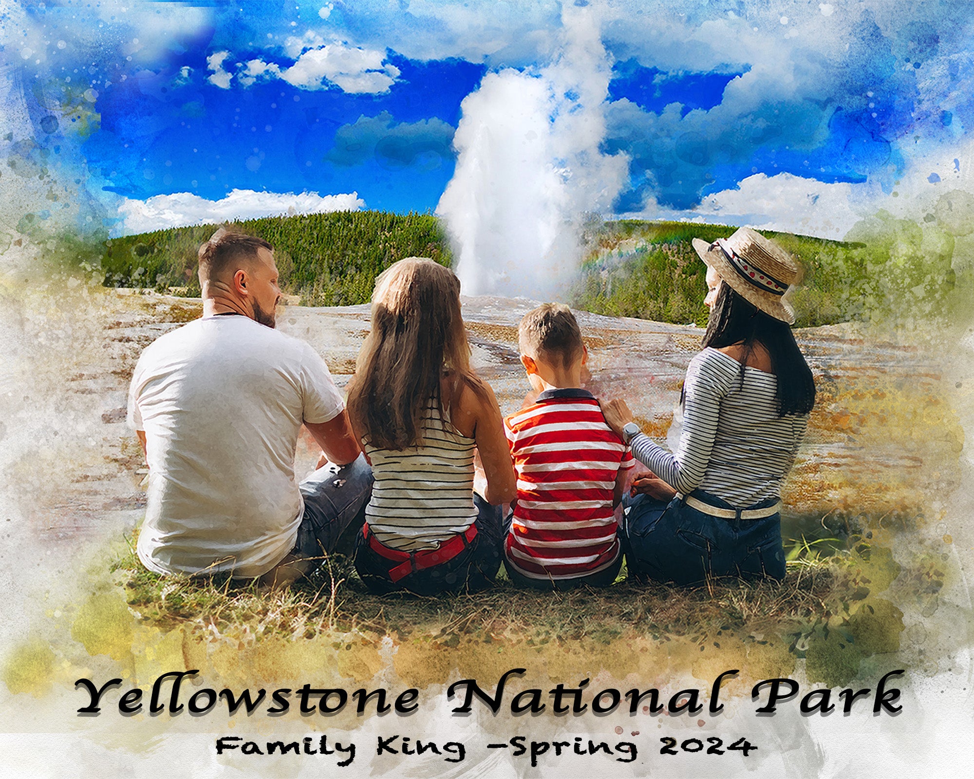 Custom family portrait painting of a family gathering at Old Faithful Geyser in Yellowstone National Park, capturing joyful moments and memories, by FromPicToArt
