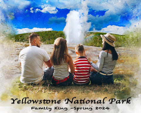 Custom family portrait painting of a family gathering at Old Faithful Geyser in Yellowstone National Park, capturing joyful moments and memories, by FromPicToArt