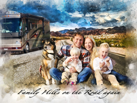Custom watercolor family with dog portrait with RV in the background, celebrating outdoor adventures and road trips,  by FromPicToArt