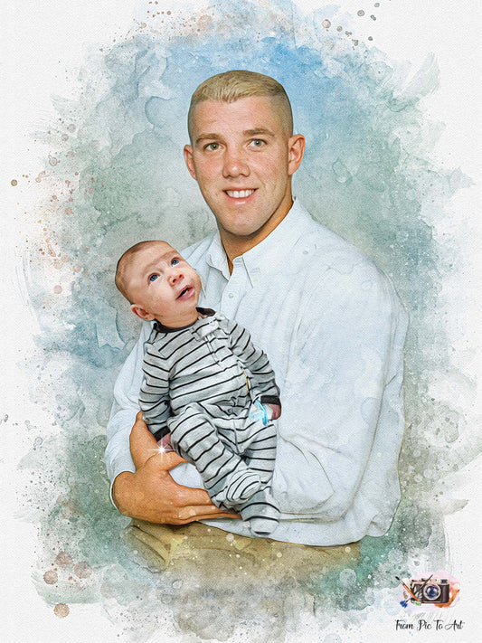 Man holding a baby with a watercolor background