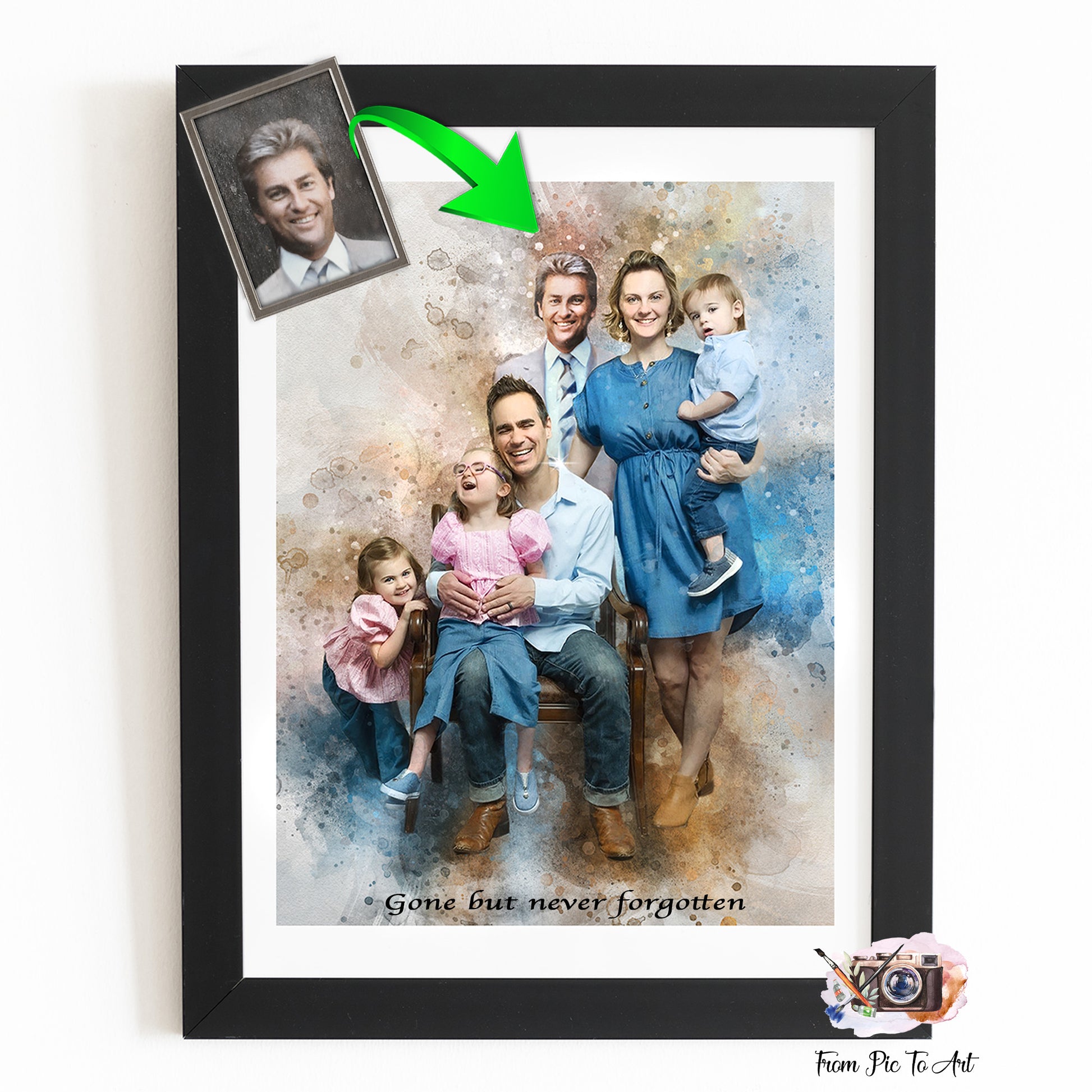Heartfelt family painting with kids and a beloved past loved one, celebrating family bonds, by FromPicToArt