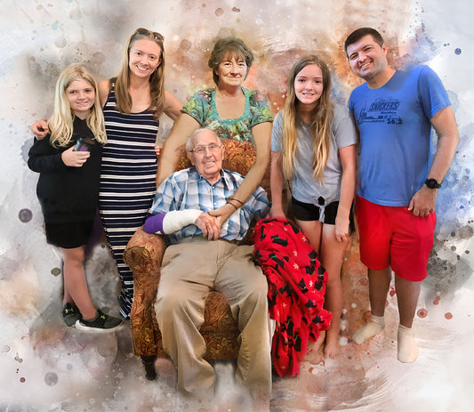 Family photo with a central figure sitting on an armchair, surrounded by family members against a textured white background.