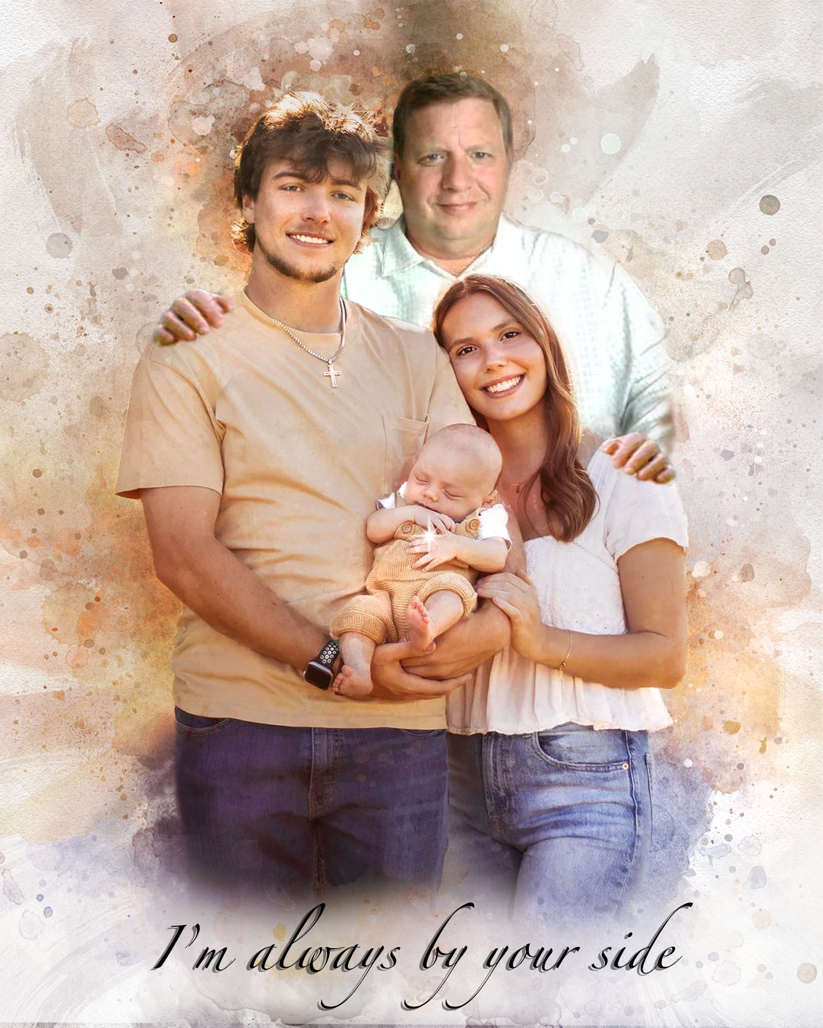 Custom family painting featuring a lost family member with a hand on their shoulders beside a new baby, celebrating love and remembrance, personalized art by FromPicToArt