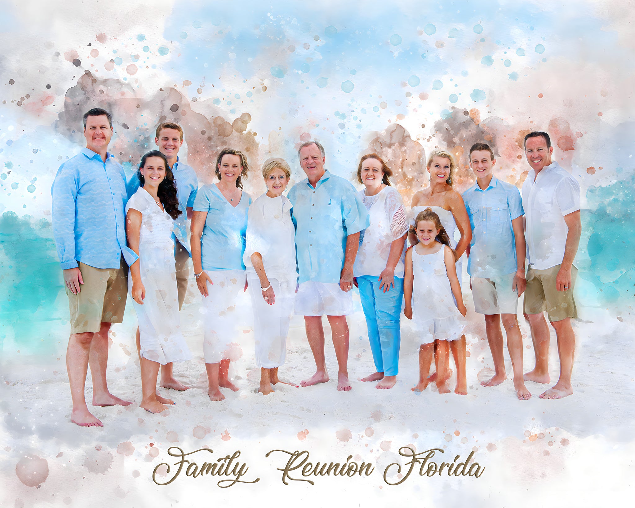 Family anniversary portrait: Parents, kids, grandparents, and grandkids on the beach - FromPicToArt