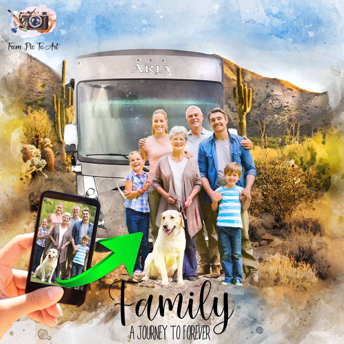 Personalized family camping portrait with a dog, capturing cherished memories, by FromPicToArt