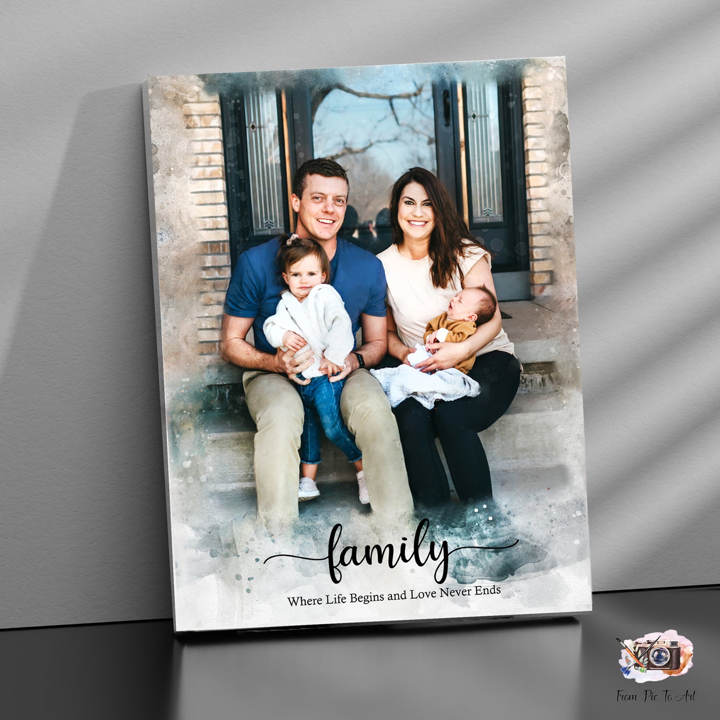 Family photo on a canvas print with text 'family Where Life Begins and Love Never Ends' against a gray background.