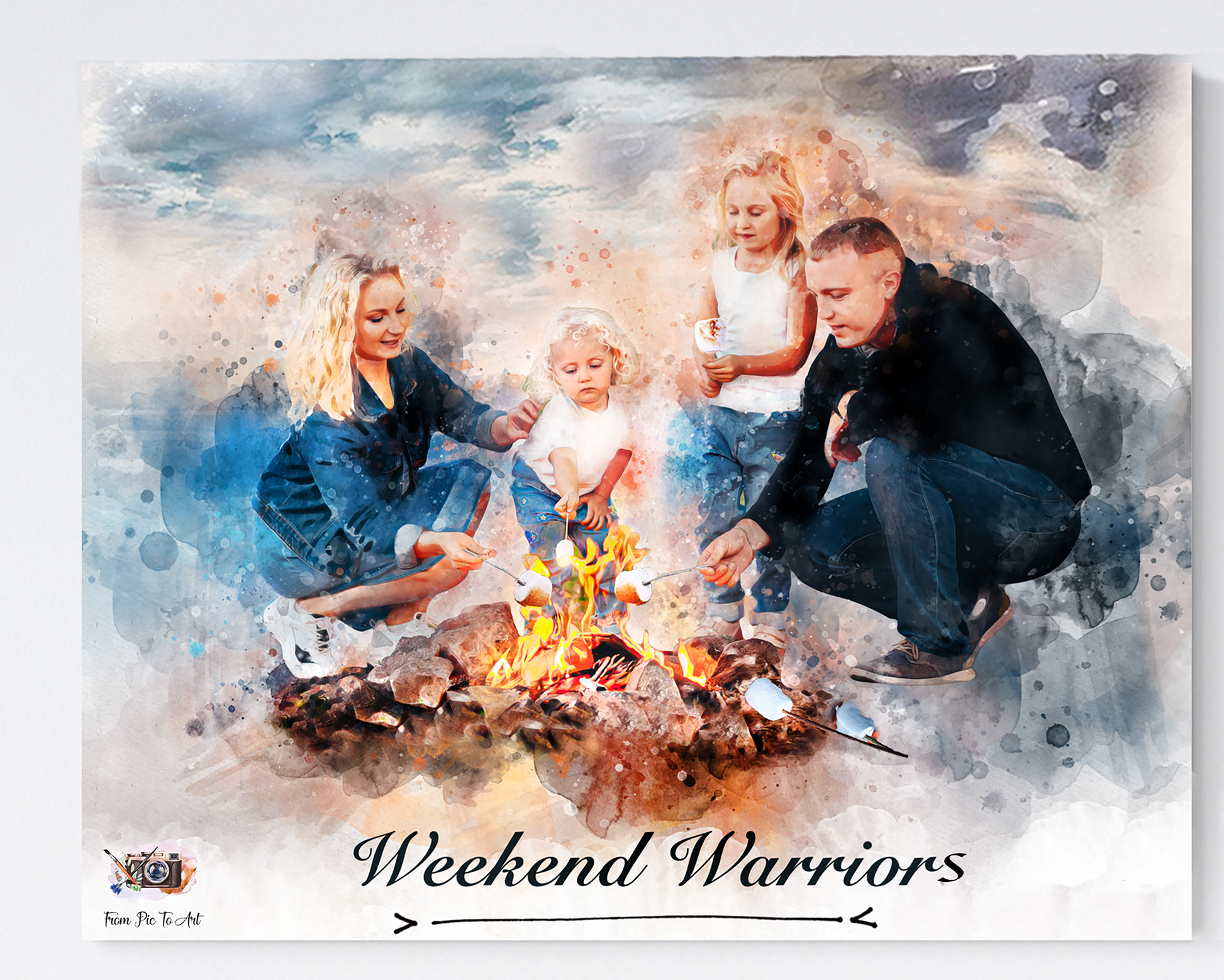 Watercolor painting by FromPicToArt showing a family roasting marshmallows around a campfire with “Weekend Warriors” overlay — ideal personalized camping gift for outdoor & RV lovers