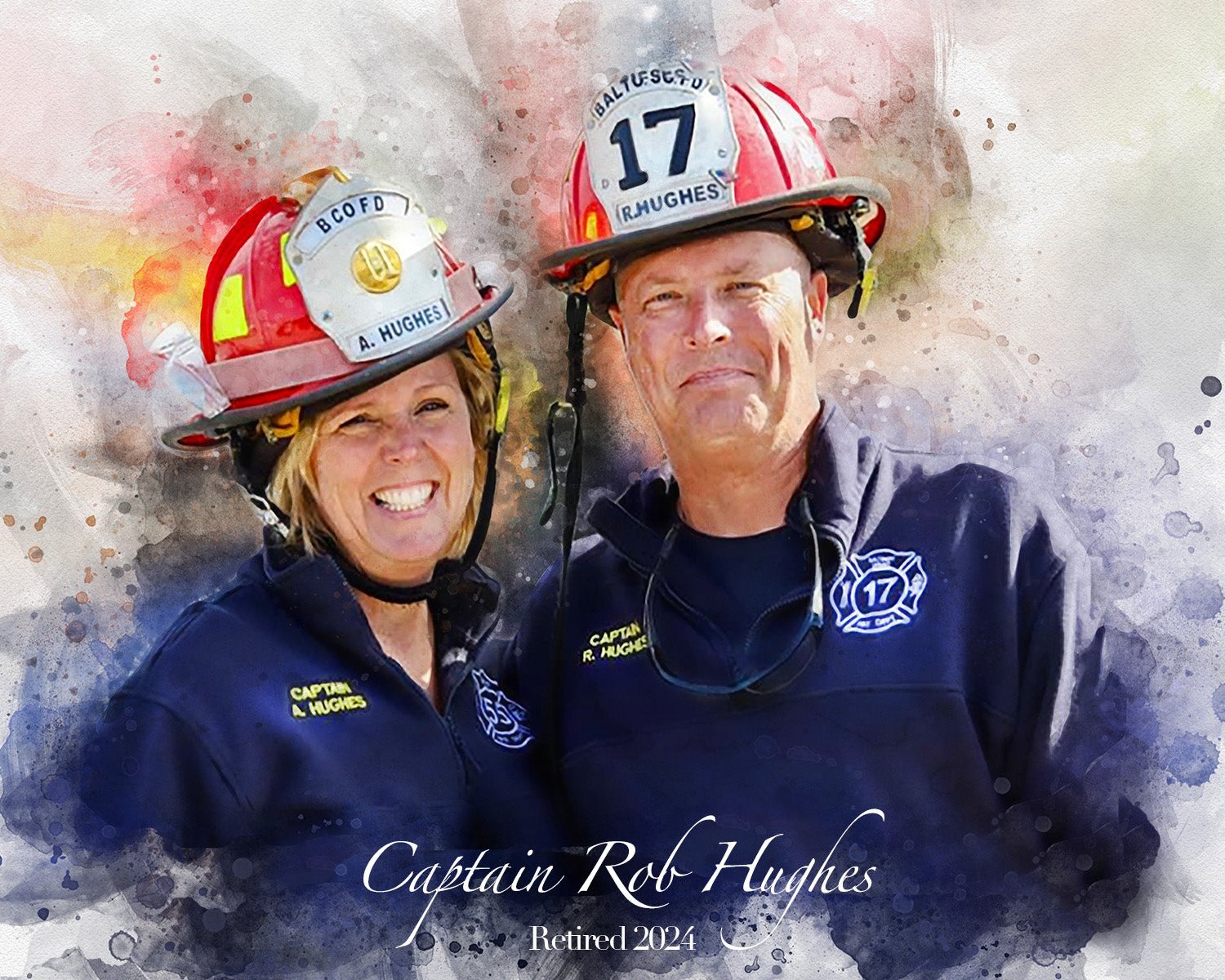Firefighter portrait of Captain Rob Hughes, celebrating retirement in 2024, by FromPicToArt 