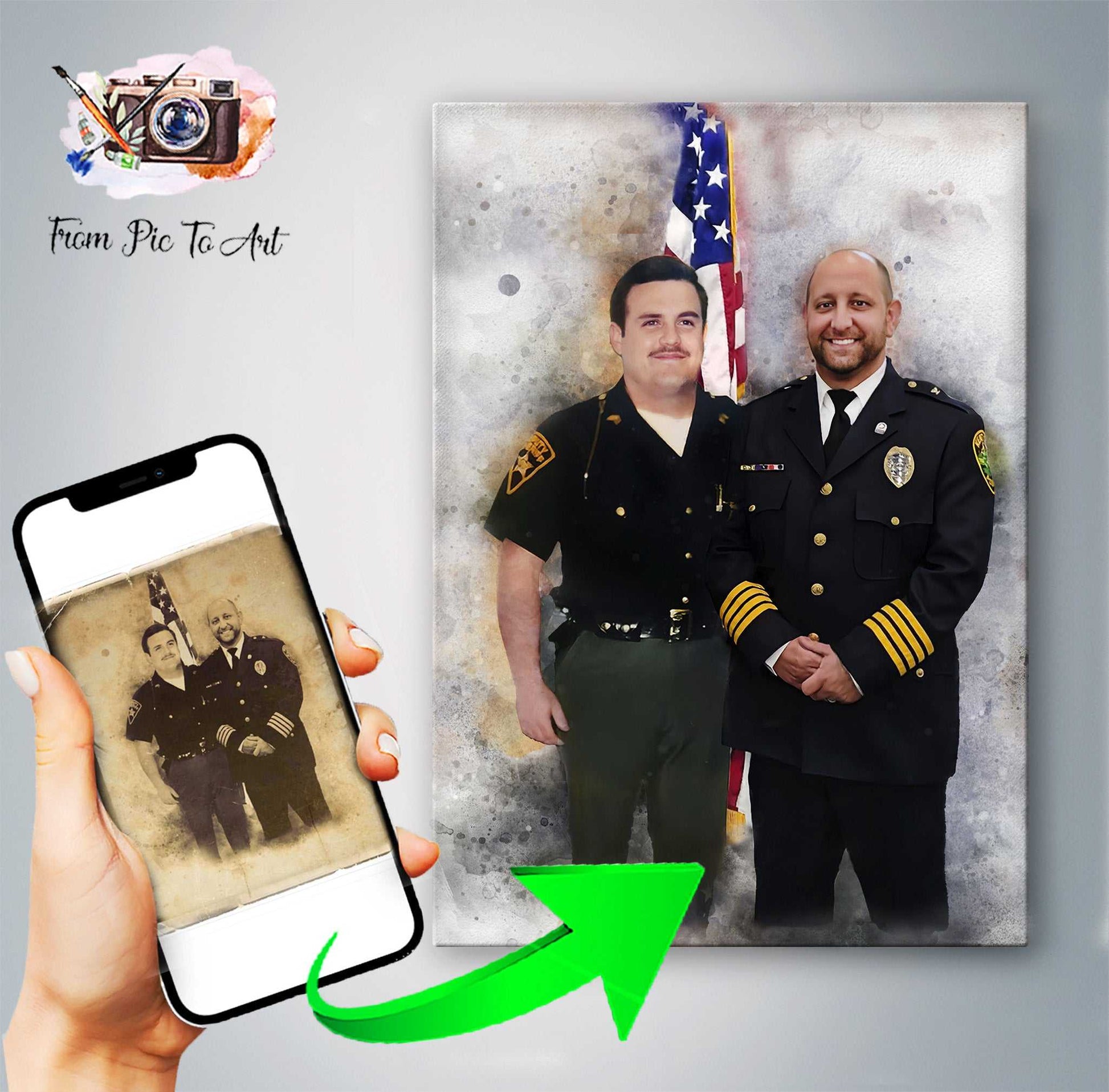 A custom portrait with a young and an old policeman in front of the US flag.