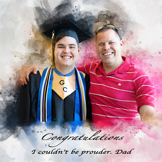 Graduate in cap and gown with father wearing a red striped shirt, surrounded by watercolor effects with 'Congratulations I couldn't be prouder. Dad' text.