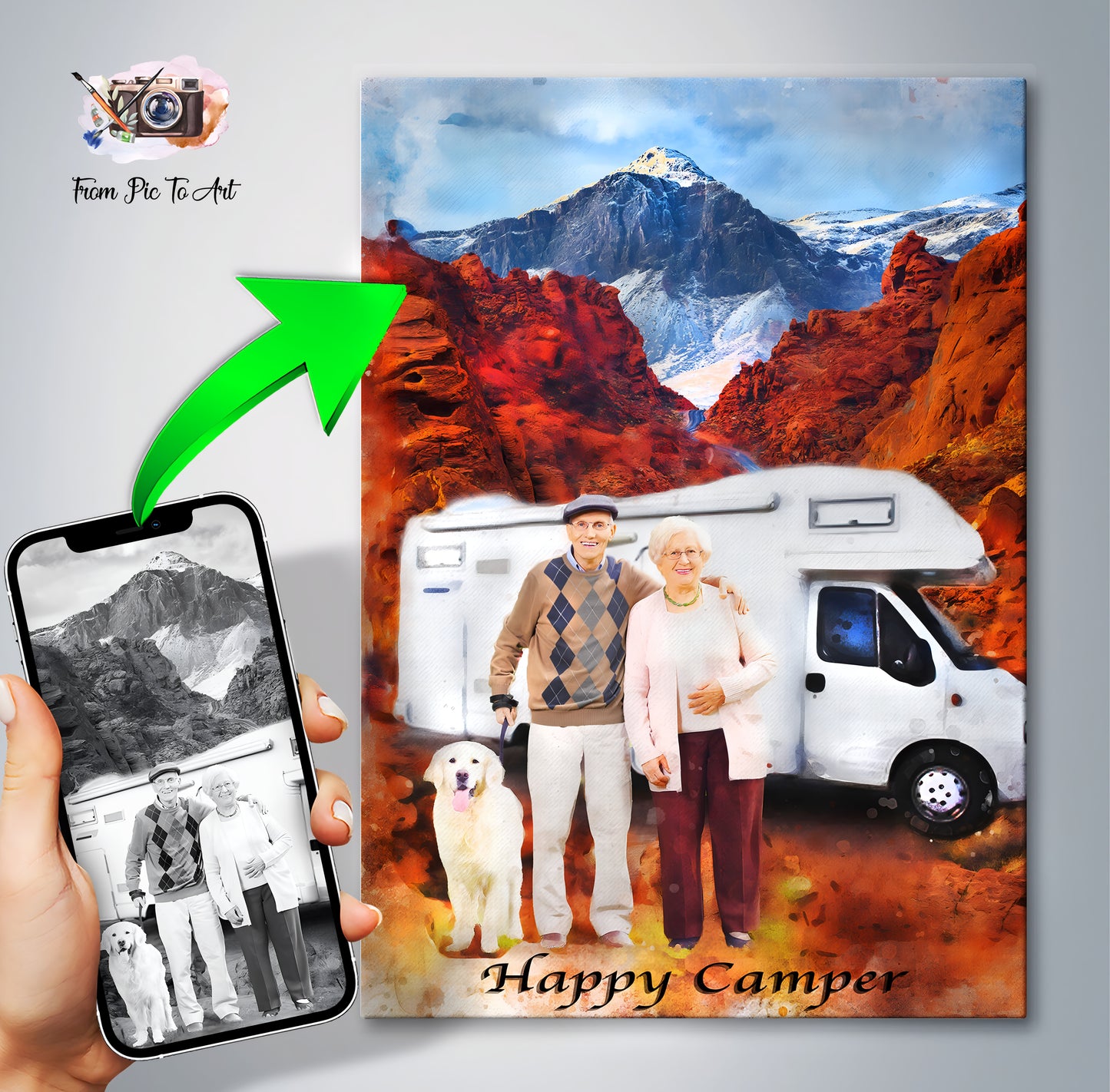 Transformed photo of a couple with a dog in front of an RV into a 'Happy Camper' canvas print.