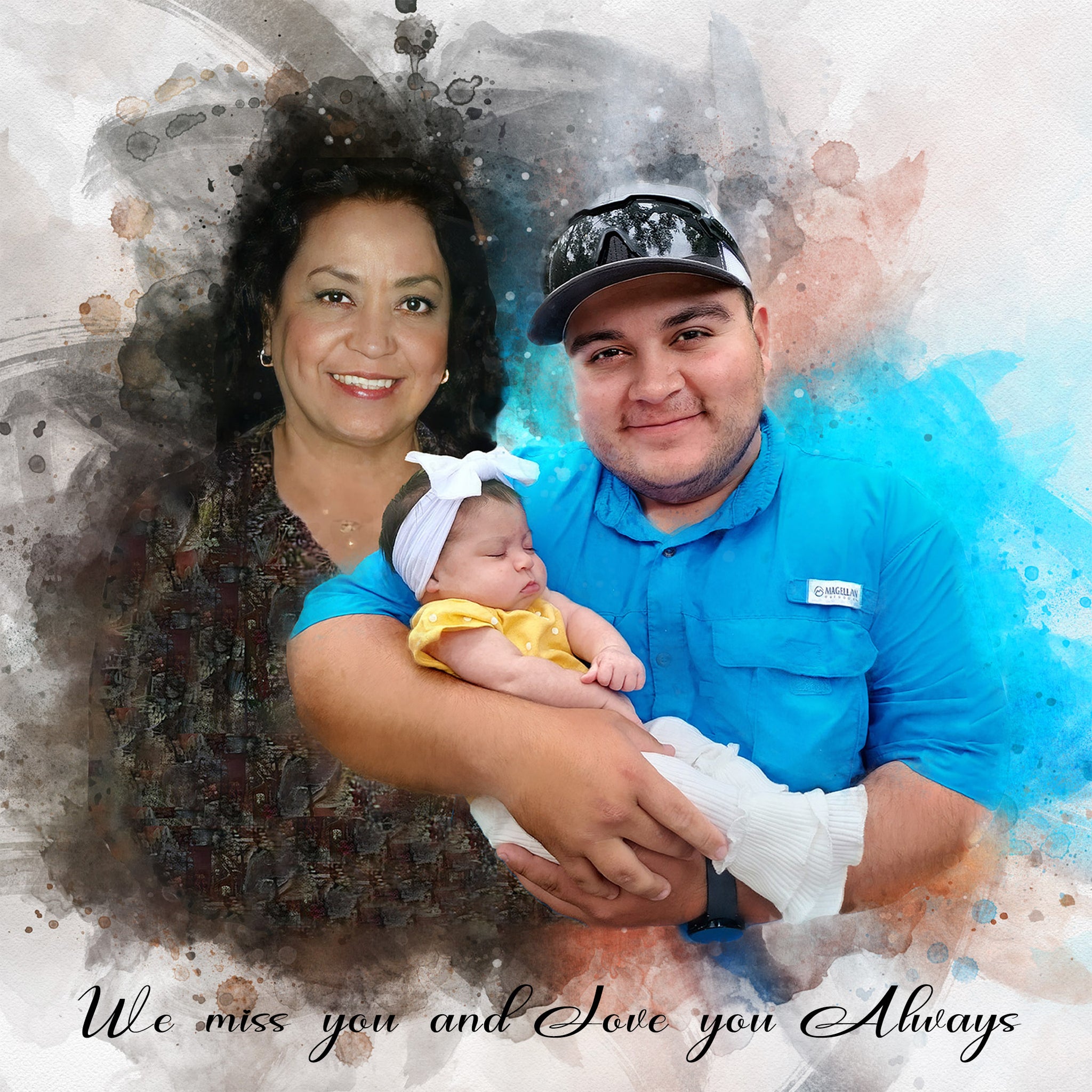 Custom family painting featuring a newborn baby alongside a past loved one, celebrating cherished memories and family love, personalized art by FromPicToArt